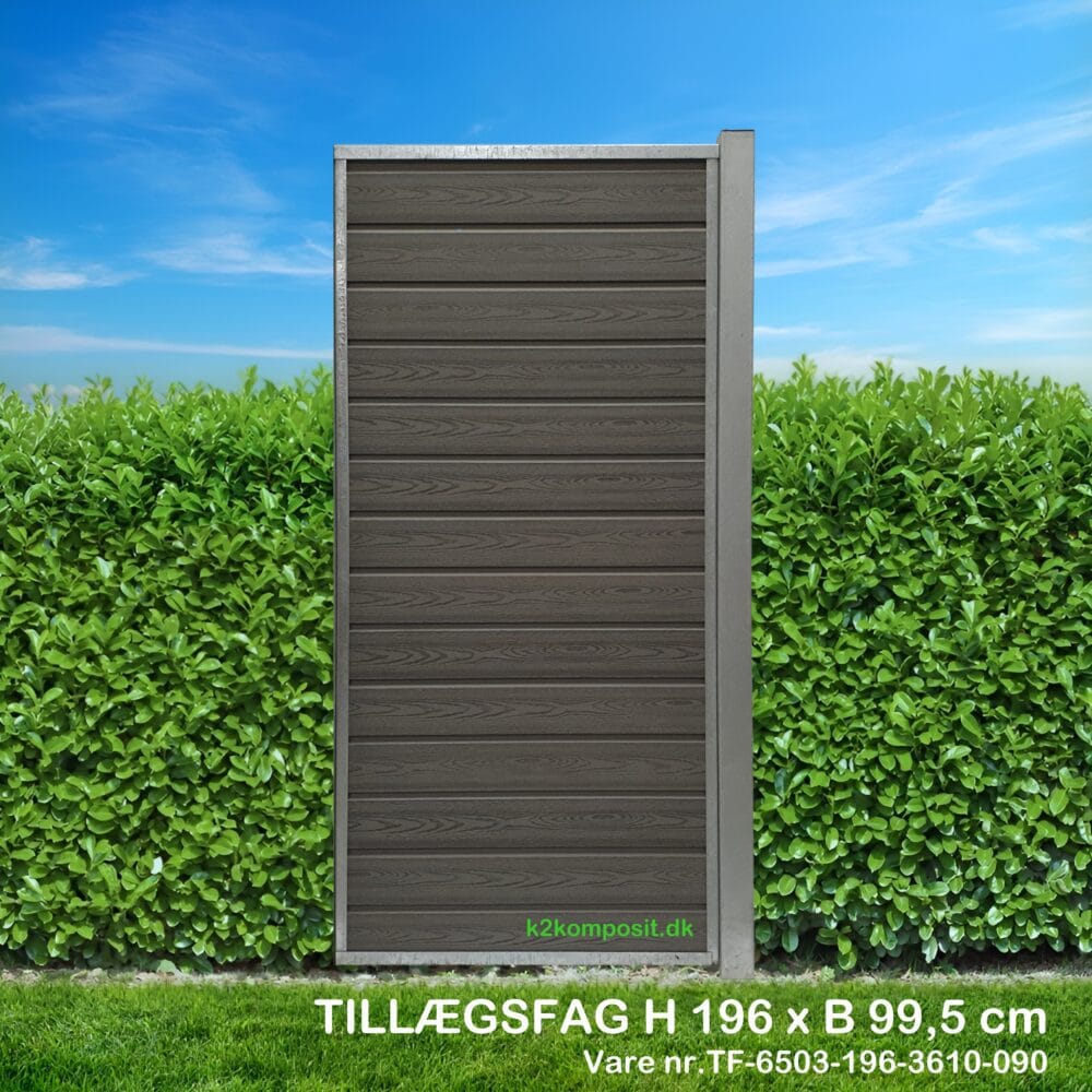 Komposithegn vedligeholdelsesfrit. Betongrå komposit med træstruktur og varmgalvaniseret stål. Med stålstolper til støbning