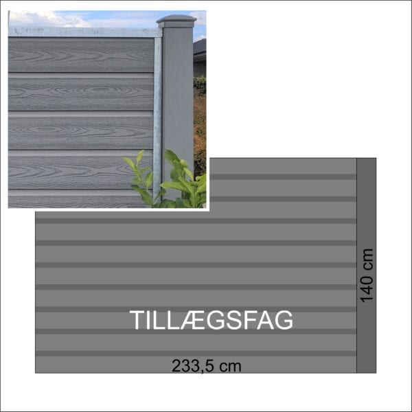 K2 komposithegn Betongrå med træstruktur tillægsfag med betongrå komposit firkantstolper og u-skinner