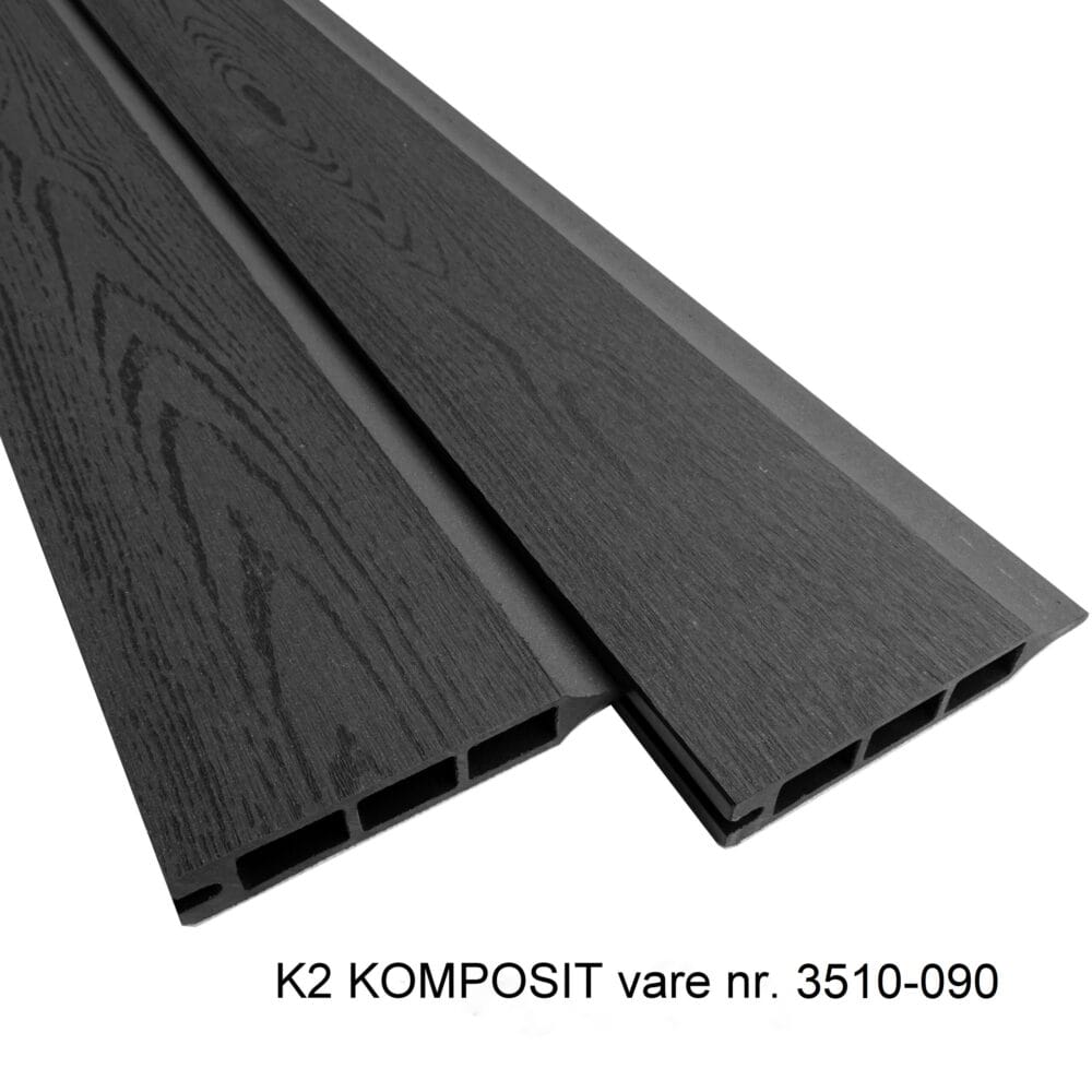 K2 Komposit sort hegnsbrædder med fer og not. Vedligeholdelsesfri overflade med træstruktur. k1. Brædder til hegn