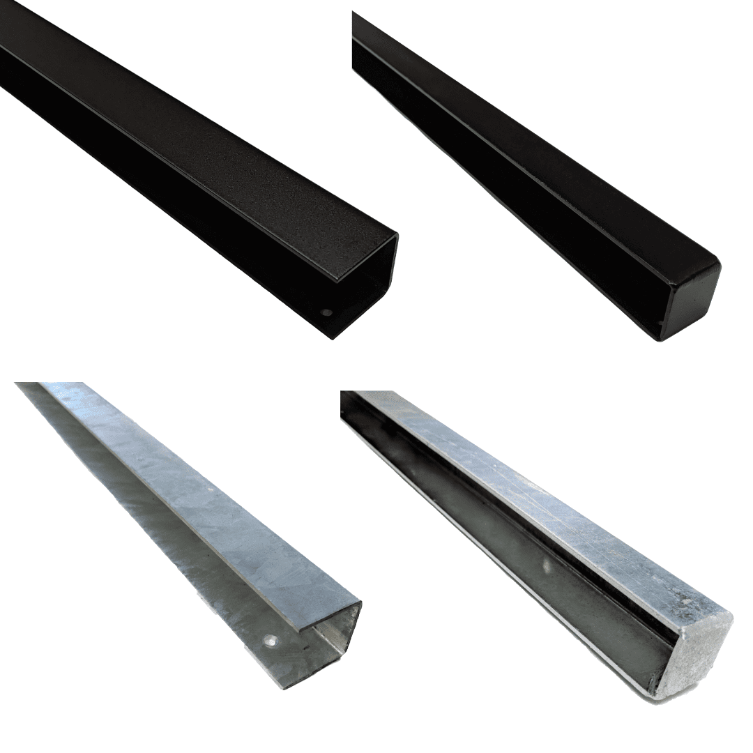 U-skinner til komposit hegn – varmgalvaniseret stål og sort pulverlakeret stål. Passer til 25 mm hegnsbrædder